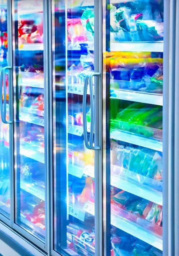 A glass door refrigerator with many different items in it.