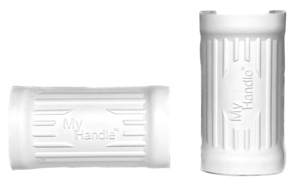 A white plastic handle with the words " my handle ".